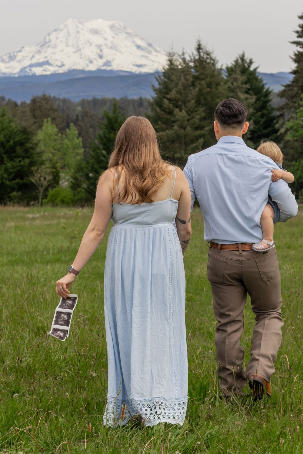 Family walking away holding ultrasound photo toward Mount Rainier in a scenic green meadow. in eatonville wa taken by roy photographer