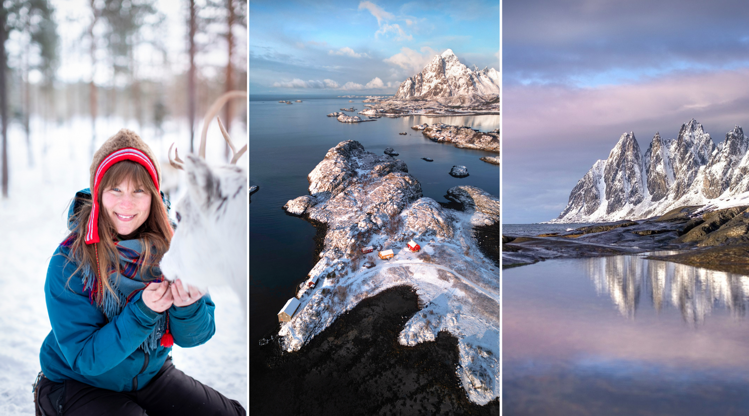 Collage of winter travel photos featuring reindeer, icy coastline, and snowy mountain reflections.