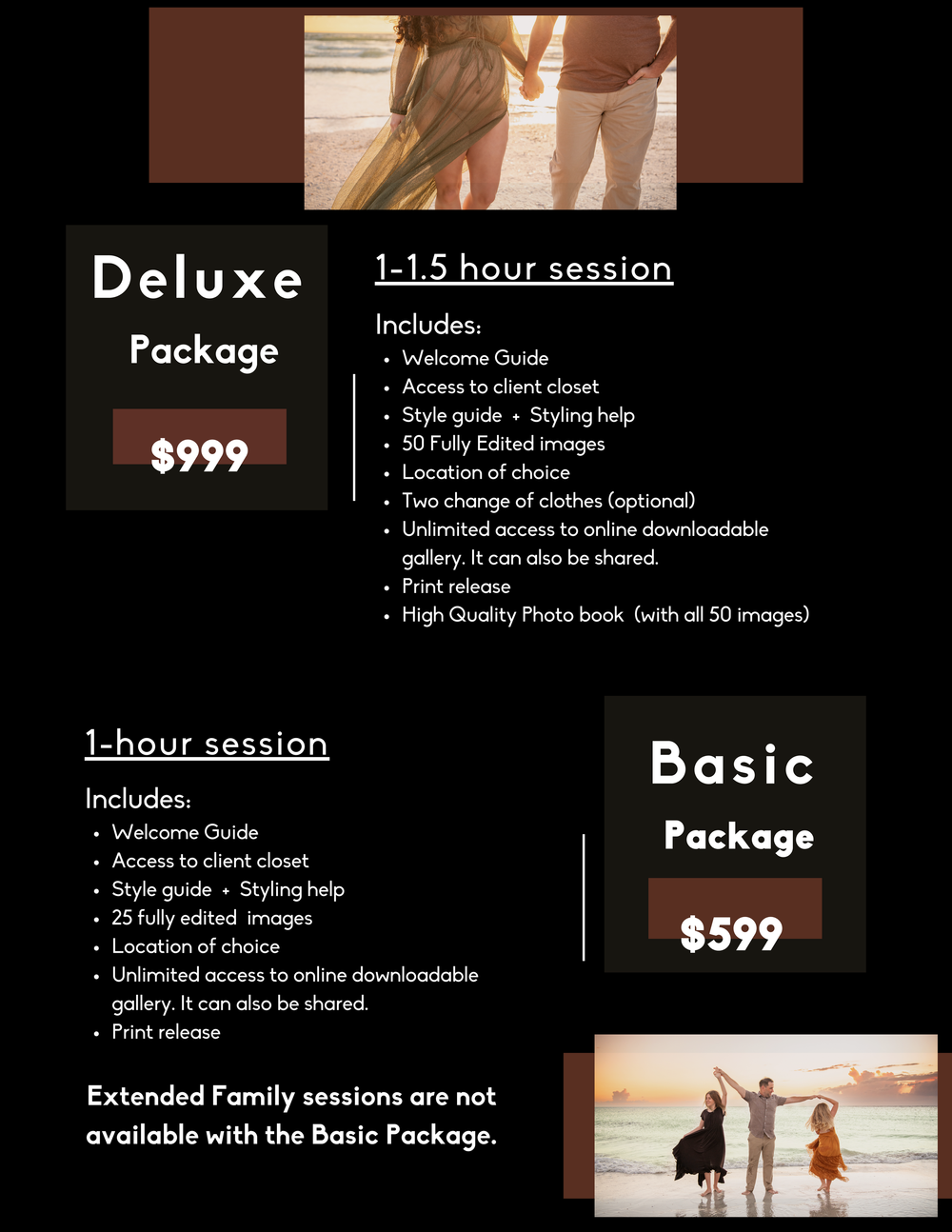 Photography package pricing flyer showing Deluxe $999 and Basic $599 session options with inclusions listed.