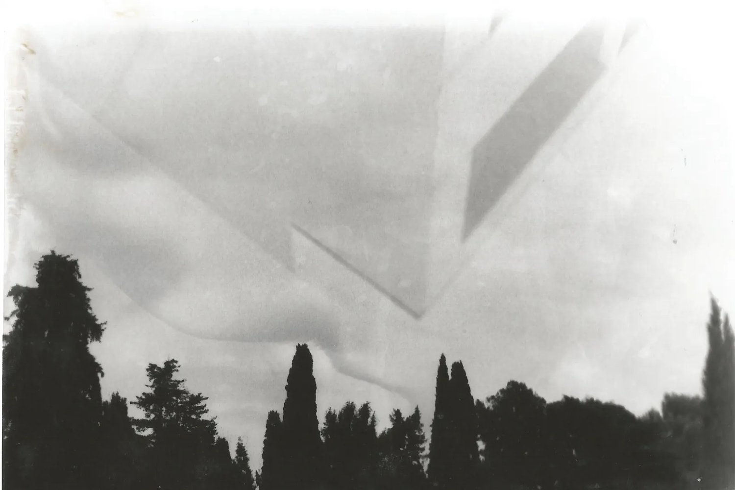Photographie argentique d'un bâtiment et d'une forêt en superposition.
