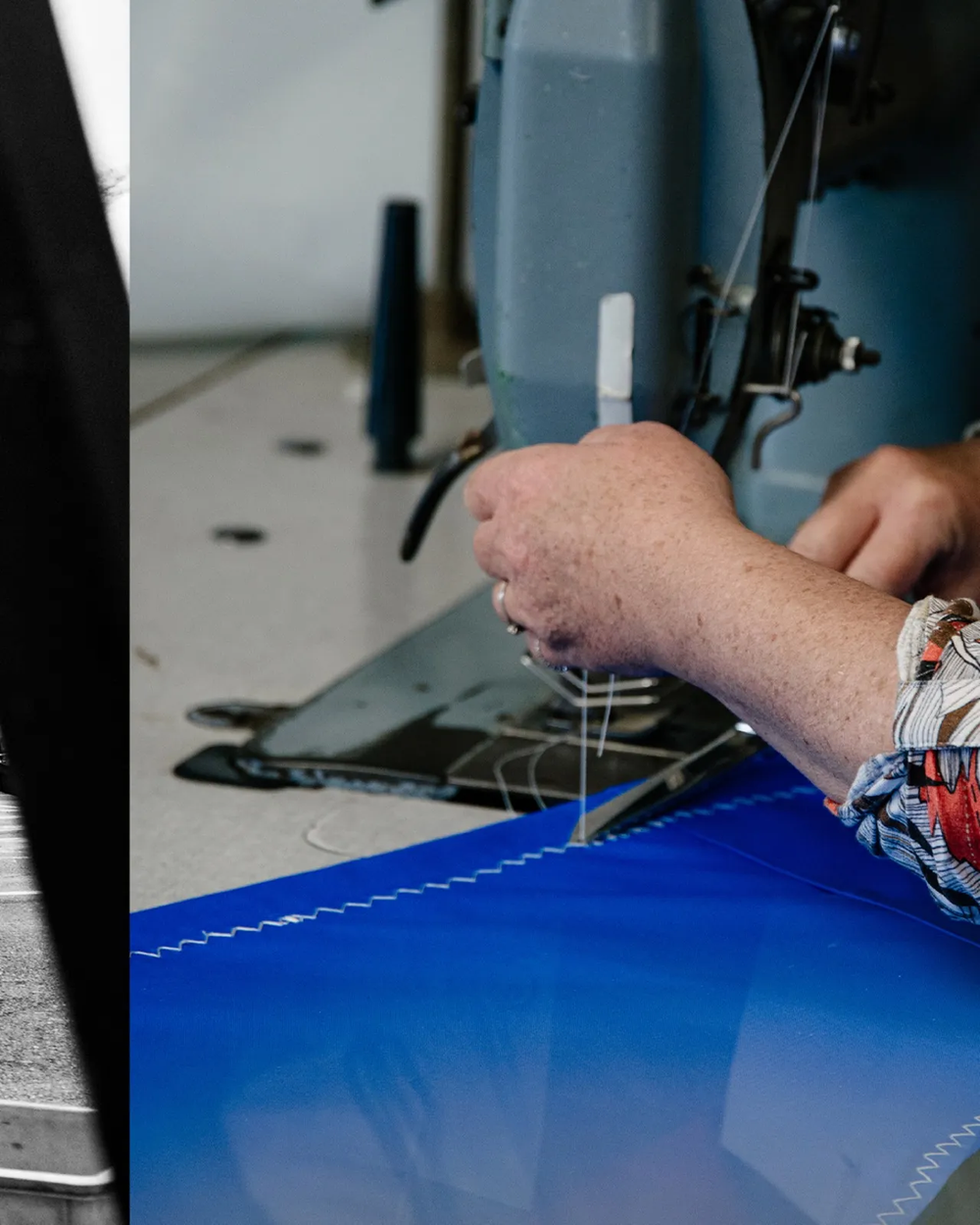 Gros plan sur des mains travaillant sur une machine textile, fil vert en cours de couture.