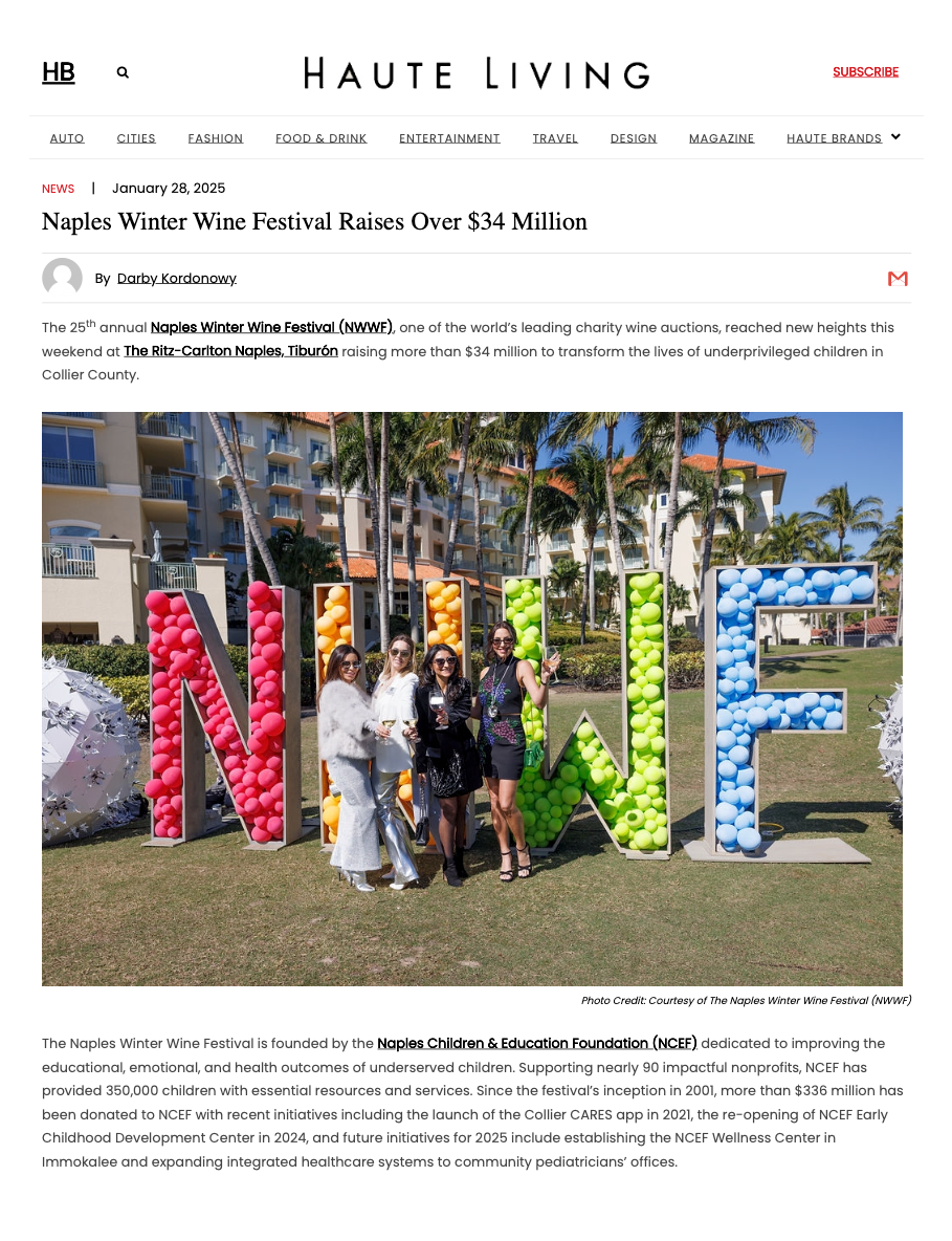 Haute Living article about Naples Winter Wine Festival raising over $34 million for underprivileged children in Collier County.