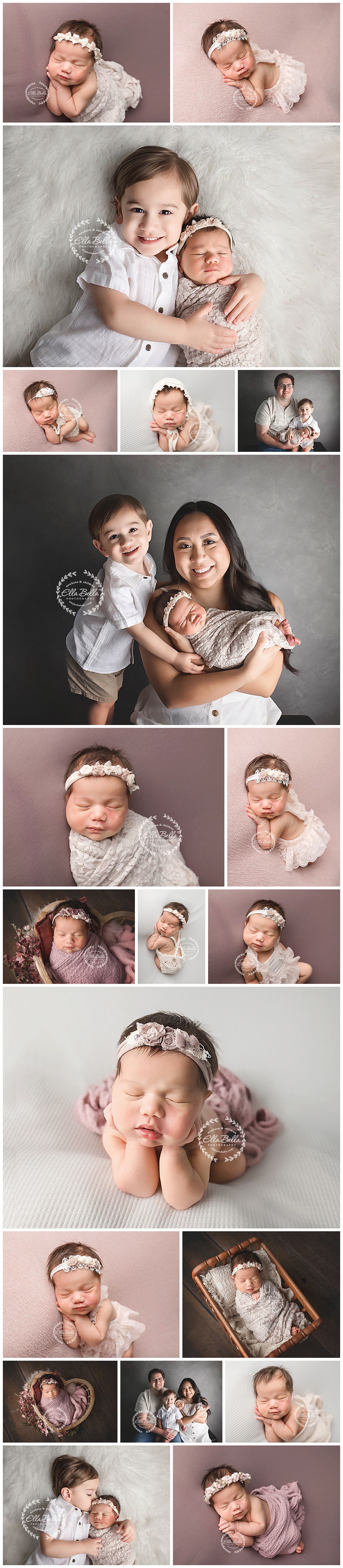 Professional baby photography collection showing various poses and family moments in soft pink and neutral tones.