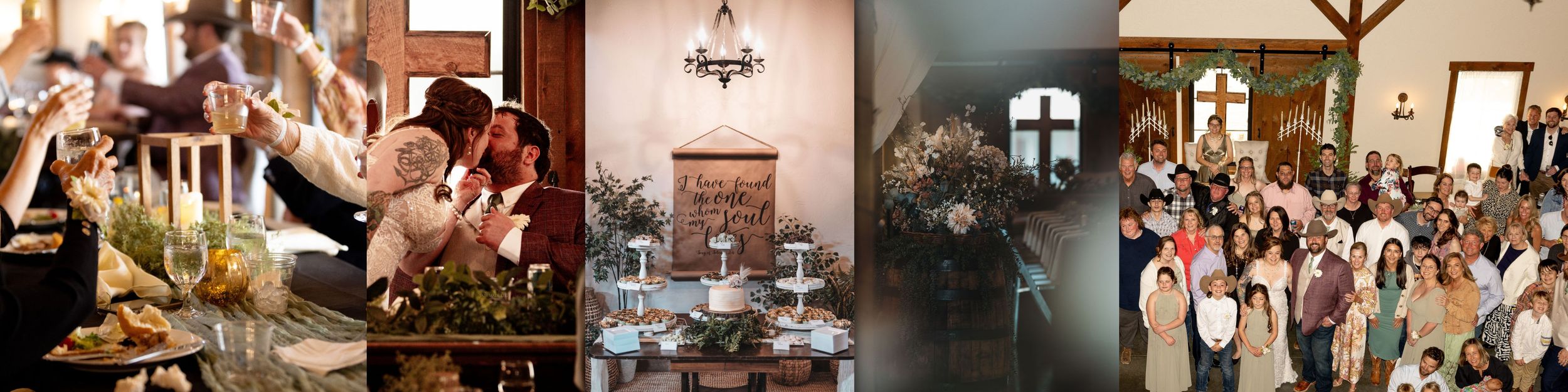 A wedding venue collage showing receptions, candlelit dining, rustic wooden doors and a chapel ceremony.