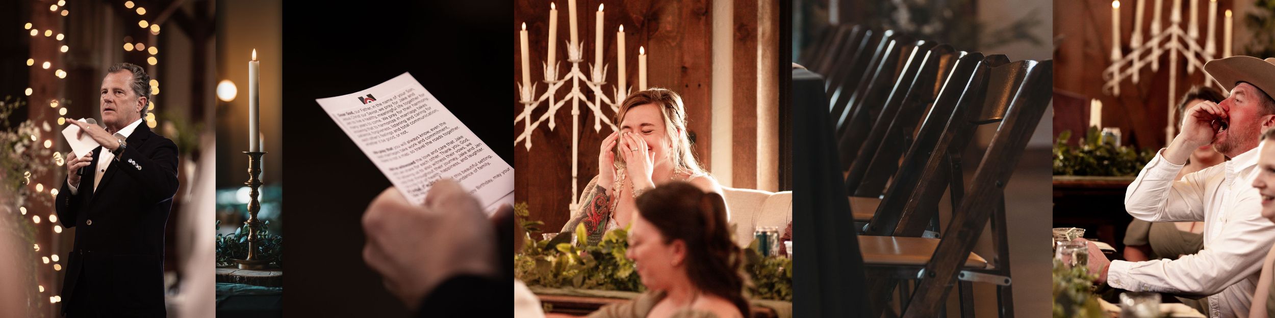Four vintage wedding photos showing people holding papers, candles and rings during a traditional ceremony.