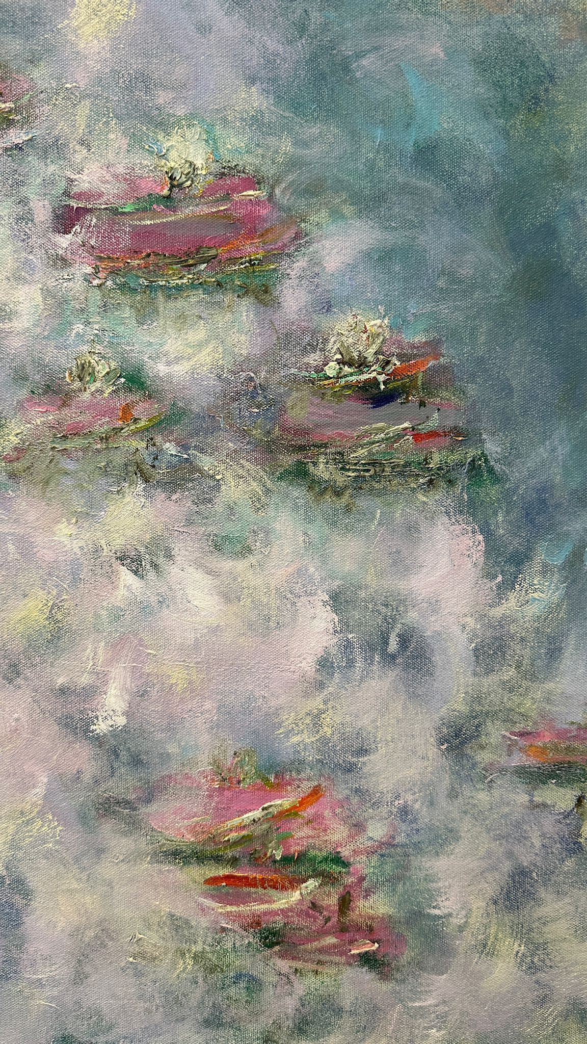 Abstract impressionistic painting of pink water lilies floating in misty blue-gray water with ethereal brushstrokes.