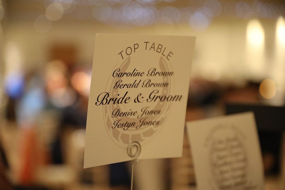 A shallow depth of field wedding table card shows text for the top table seating arrangements.