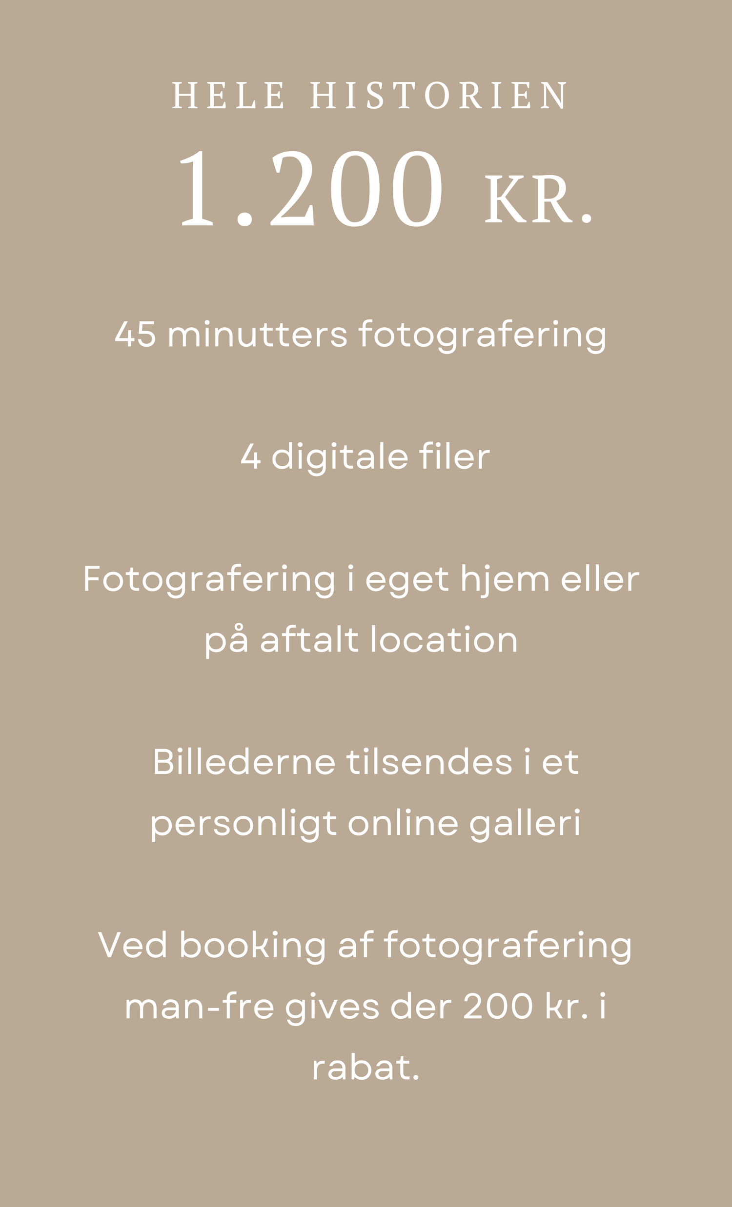 Danish photography package details showing 1200 kr pricing for 45 minute session.