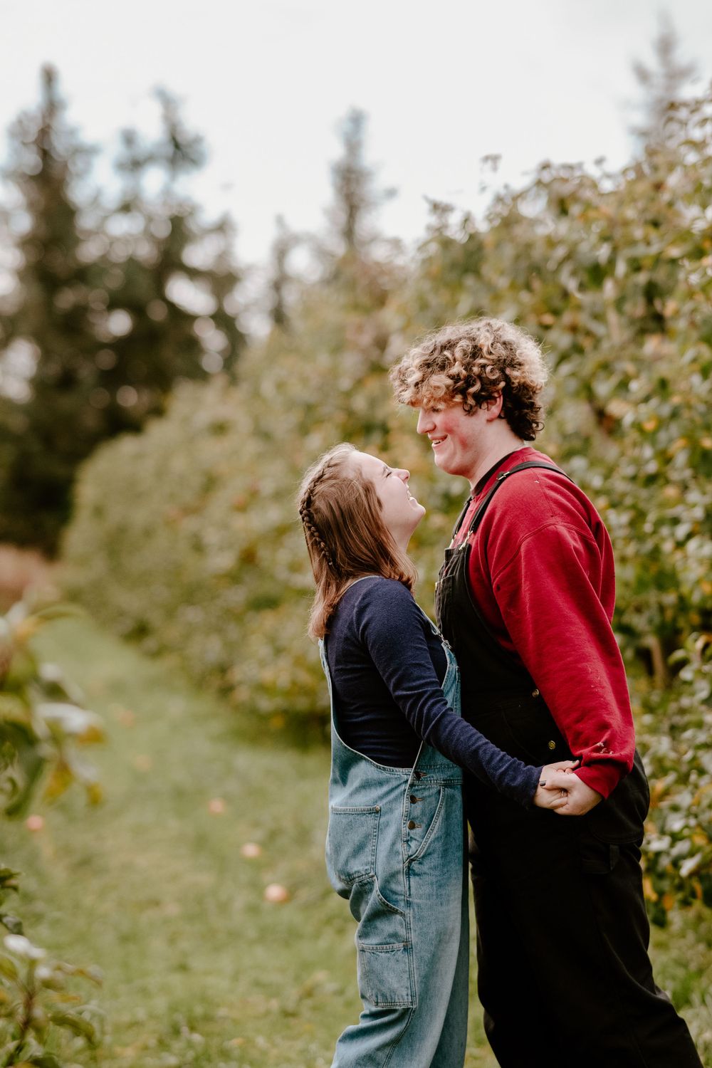 A romantic moment between a couple in an apple orchard during autumn.