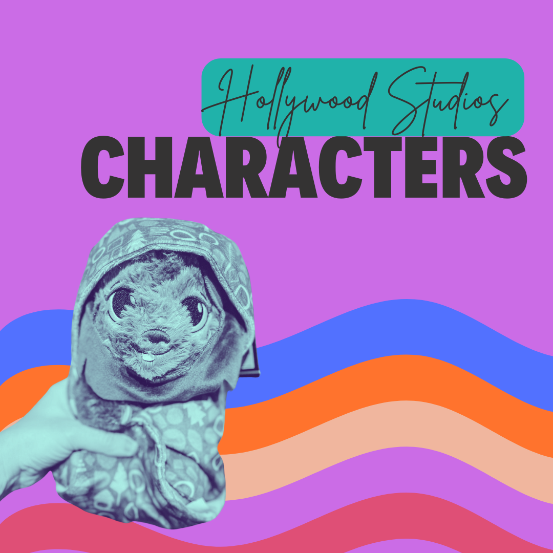 Disney's Hollywood Studios Characters logo with a cute ET-like character in silver costume against colorful waves.