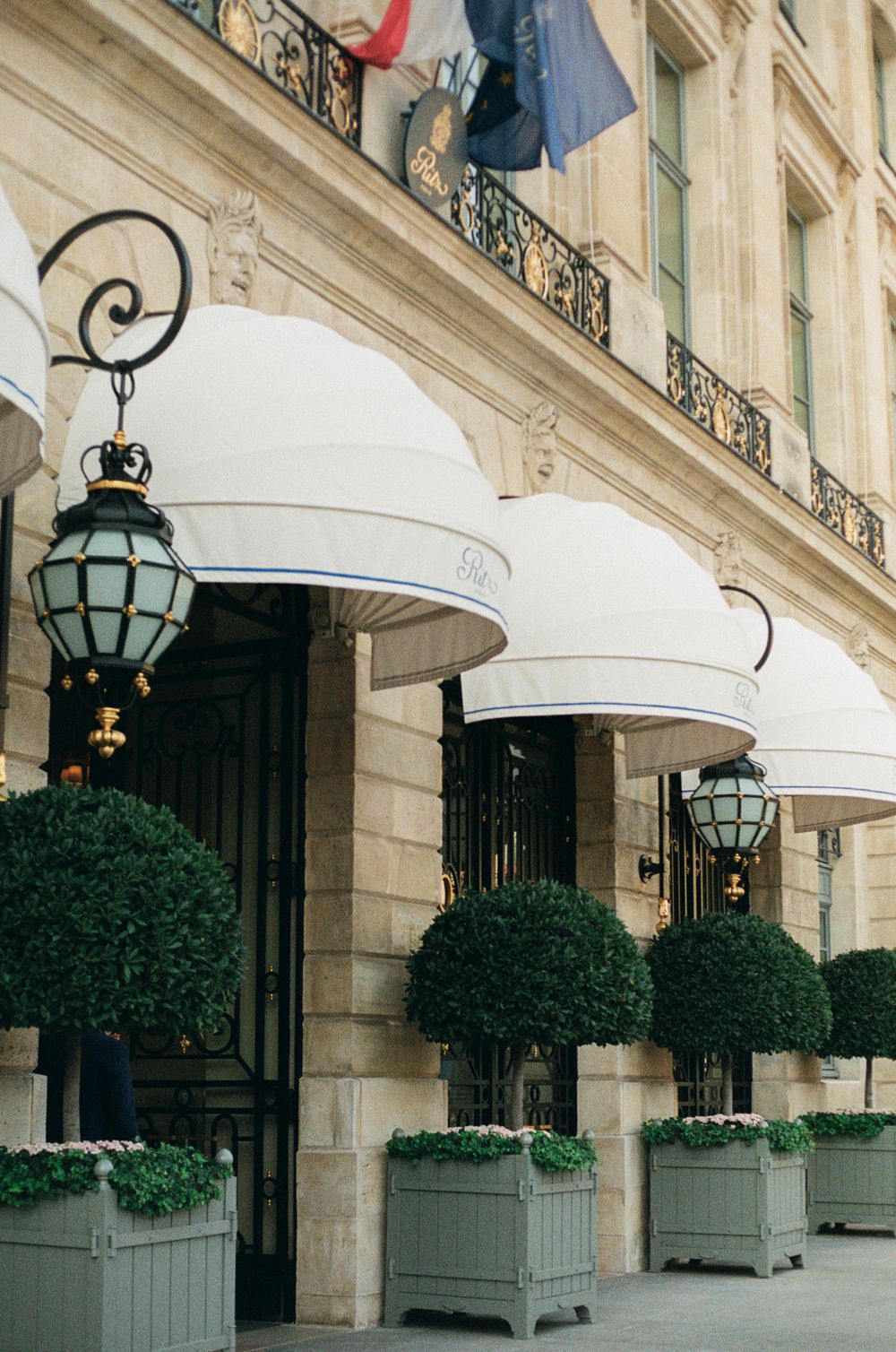 Elegant Parisian hotel entrance with white dome awnings, lantern lights, and manicured topiary trees in gray planters.