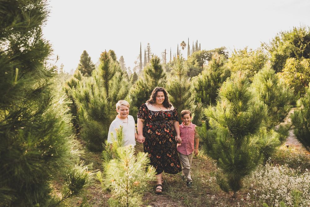 A woman and two children walk hand-in-hand through a lush Christmas tree farm with family photographer heidi grace