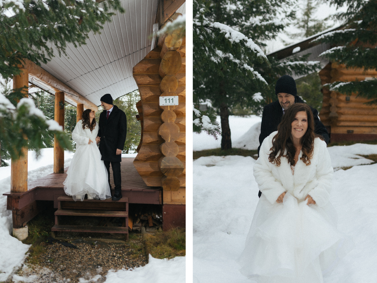 bride and groom walk down the path from their log cabin in Revelstoke, BC on the way to their elopement ceremony