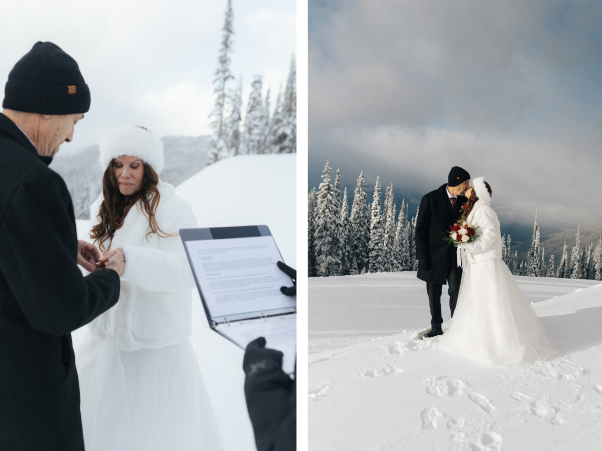 bride and groom kiss during elopement ceremony on a mountain in Revelstoke, BC