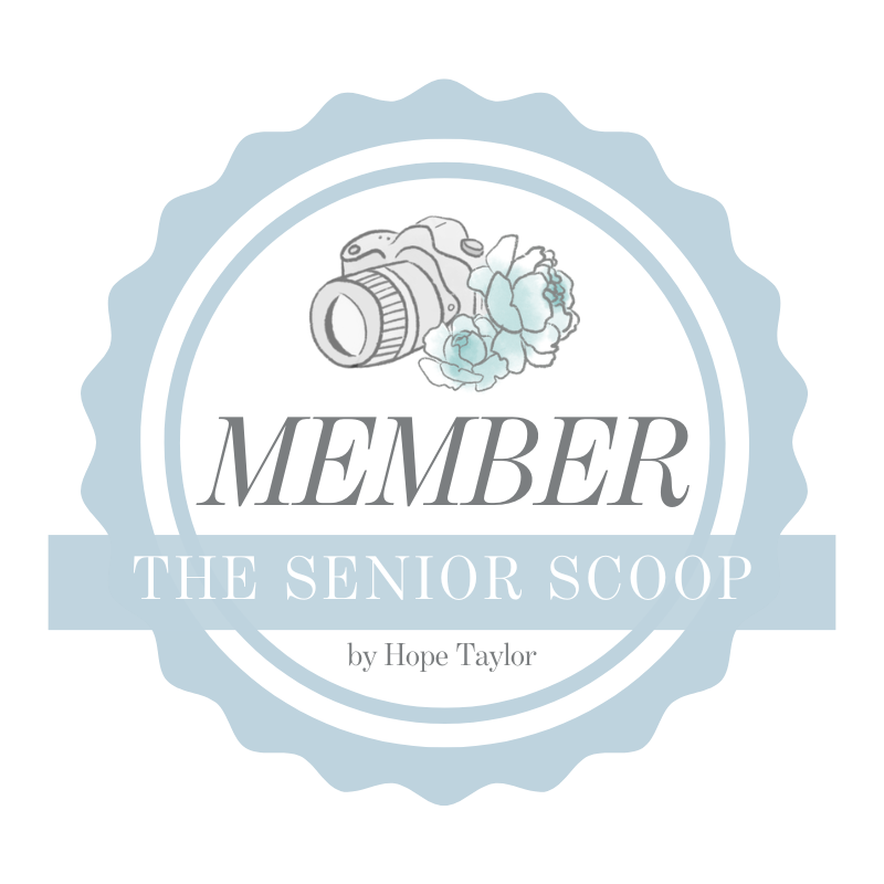 Decorative badge for The Senior Scoop by Hope Taylor featuring a camera, flowers, and Member text.
