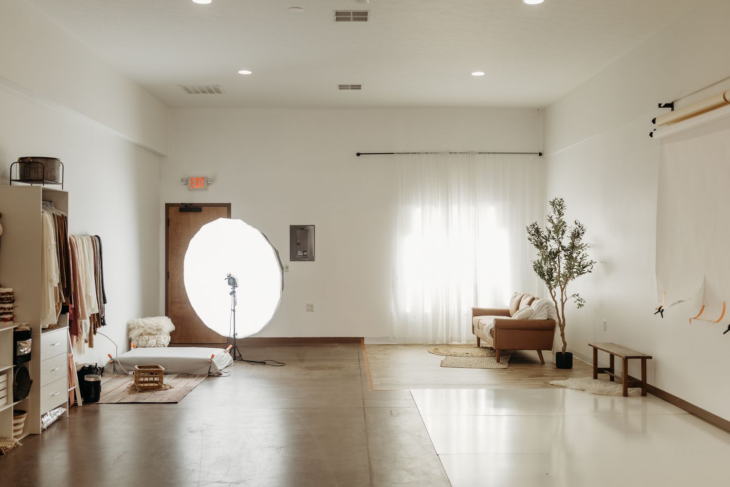 Bright minimalist photography studio with ring light, sheer curtains, neutral decor, potted tree, and cozy seating area.