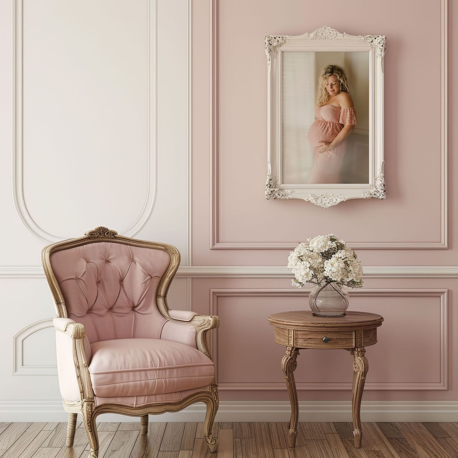 Elegant room view of a pink room in Fort Worth, TX with a framed maternity portrait on wall.