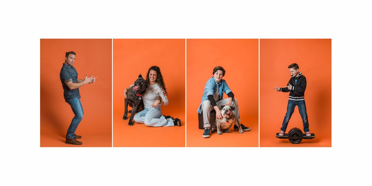 Series of orange-tinted action shots showing movement and interaction.