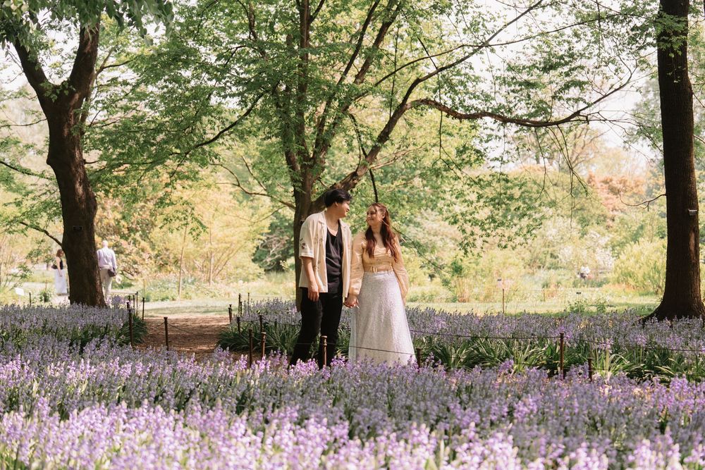 Couple standing in field of purple flowers surrounded by trees.