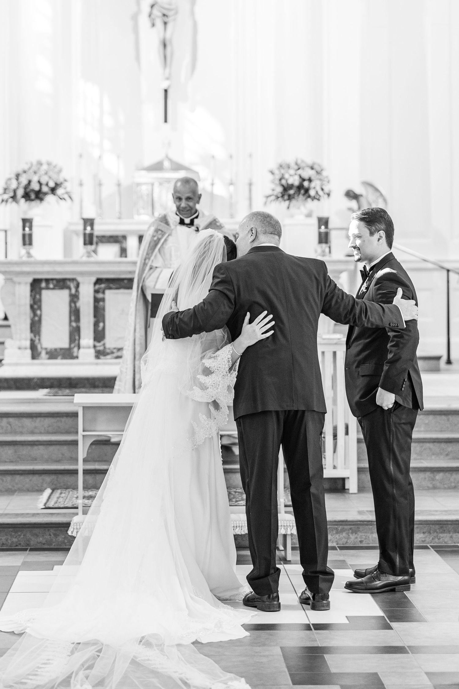 A sequence of wedding ceremony moments showing a bride and her escort walking down the church aisle.