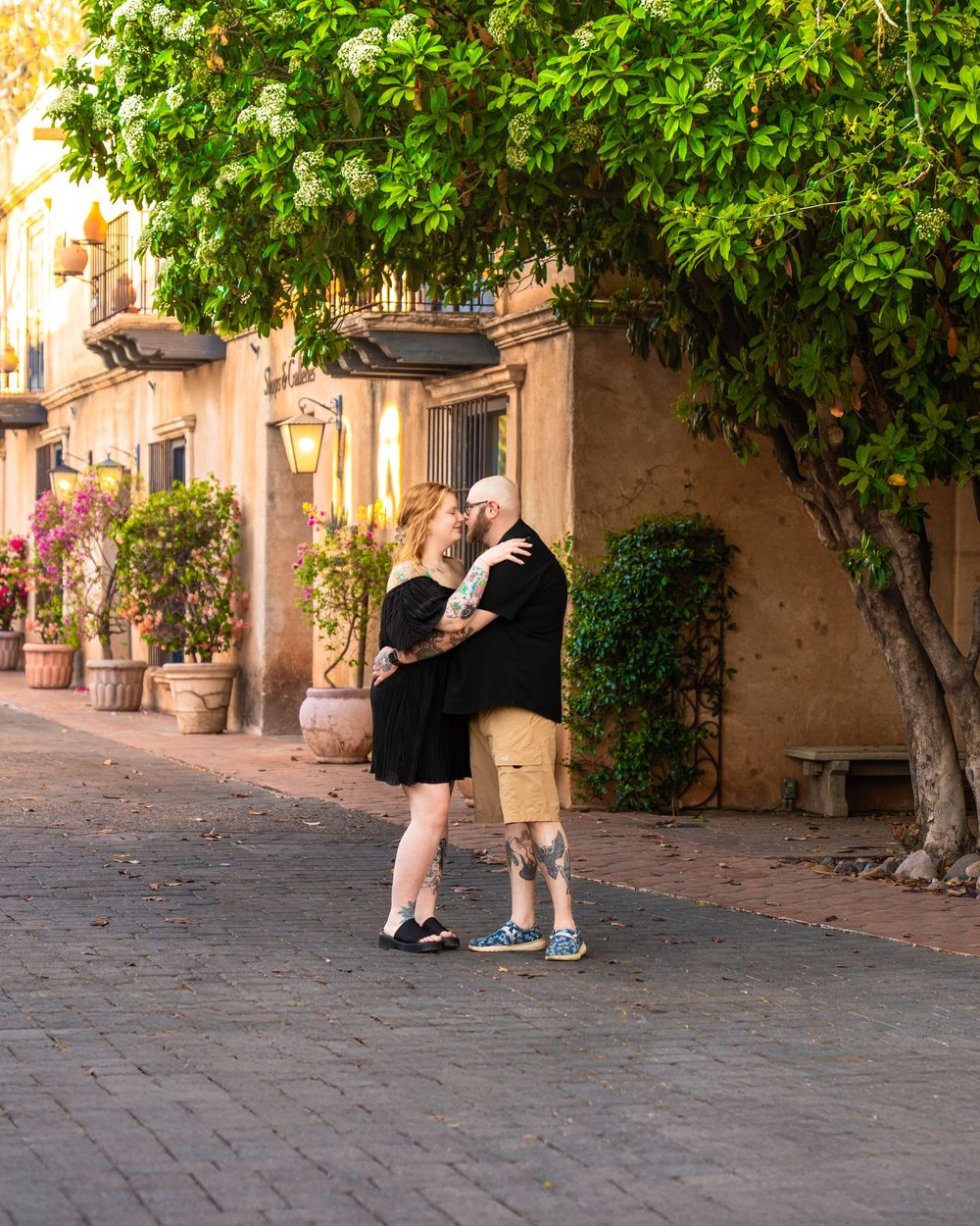 Cobblestone courtyard with green trees and stone buildings creating a charming European atmosphere.