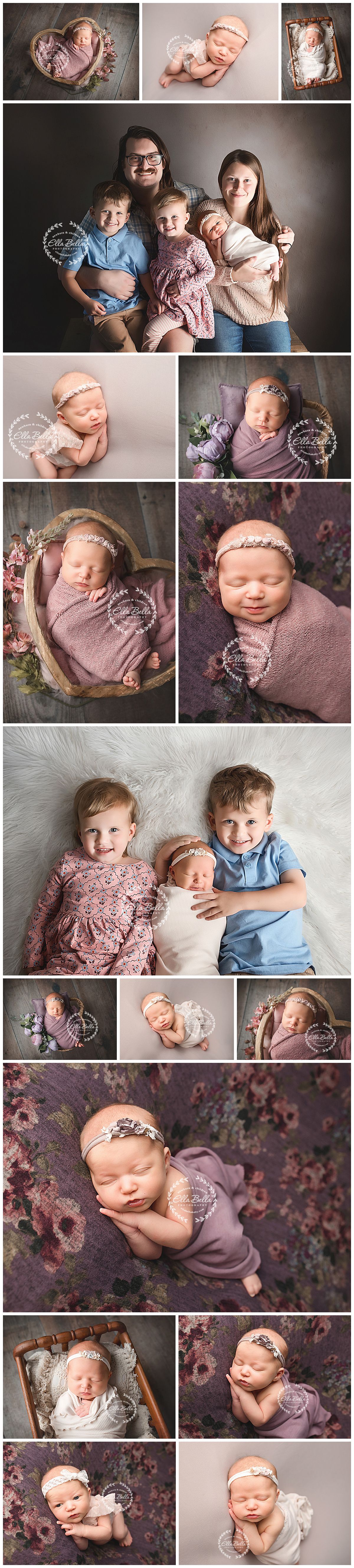 A collection of newborn and family portraits featuring soft purple tones, floral backgrounds, and coordinated outfits.