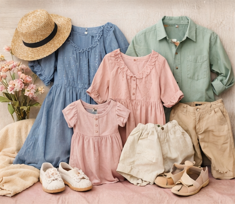 A collection of pastel spring outfits with straw hat, denim dress, pink blouse, green shirt, shoes and floral decor.