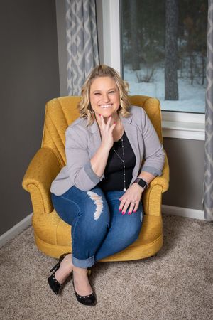 A series of casual lifestyle photos showing someone seated in a mustard yellow armchair against a gray wall.