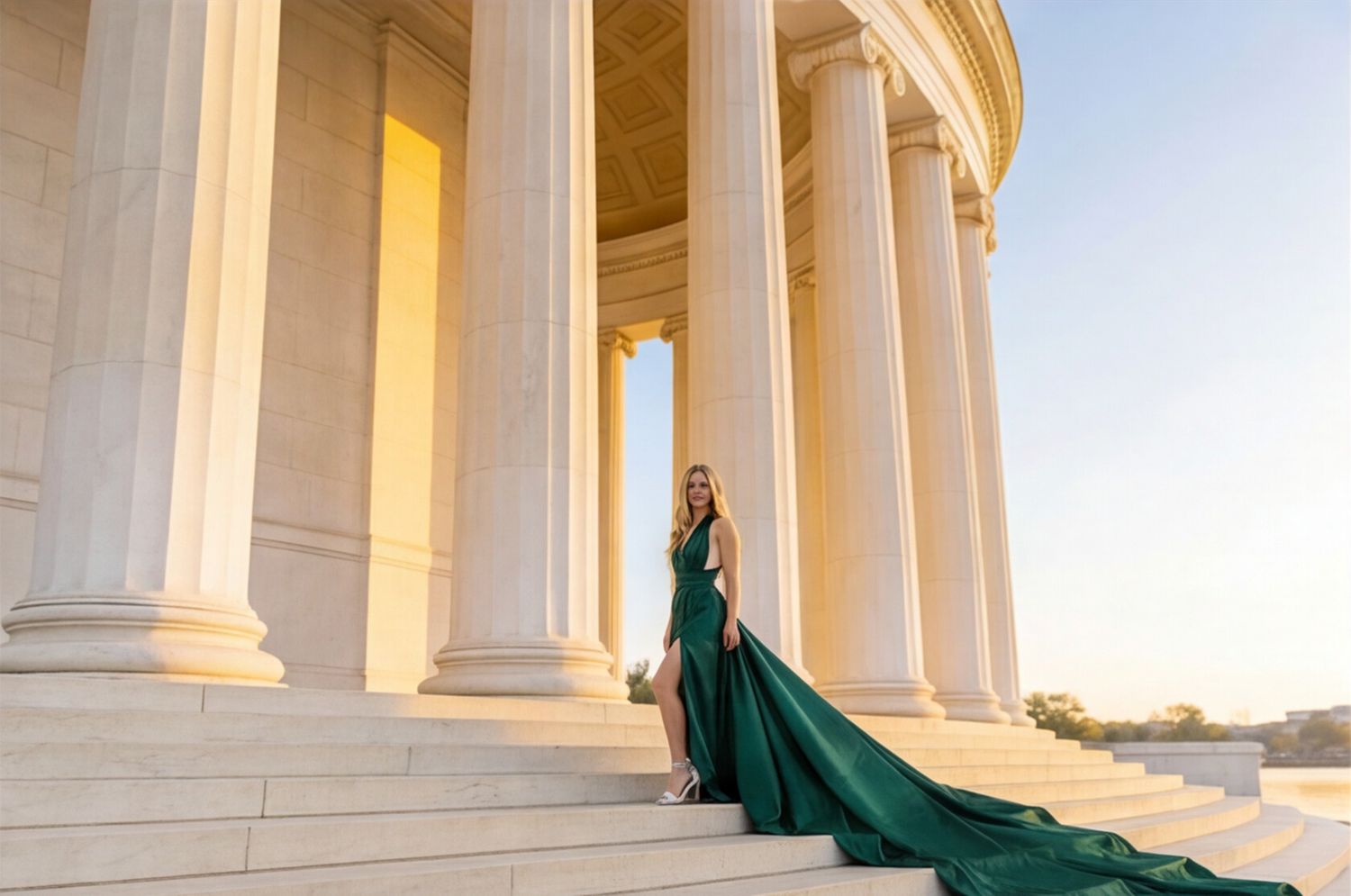 A person in an emerald green flowing gown poses elegantly between white marble columns at sunset. Flying Dress Photoshoot