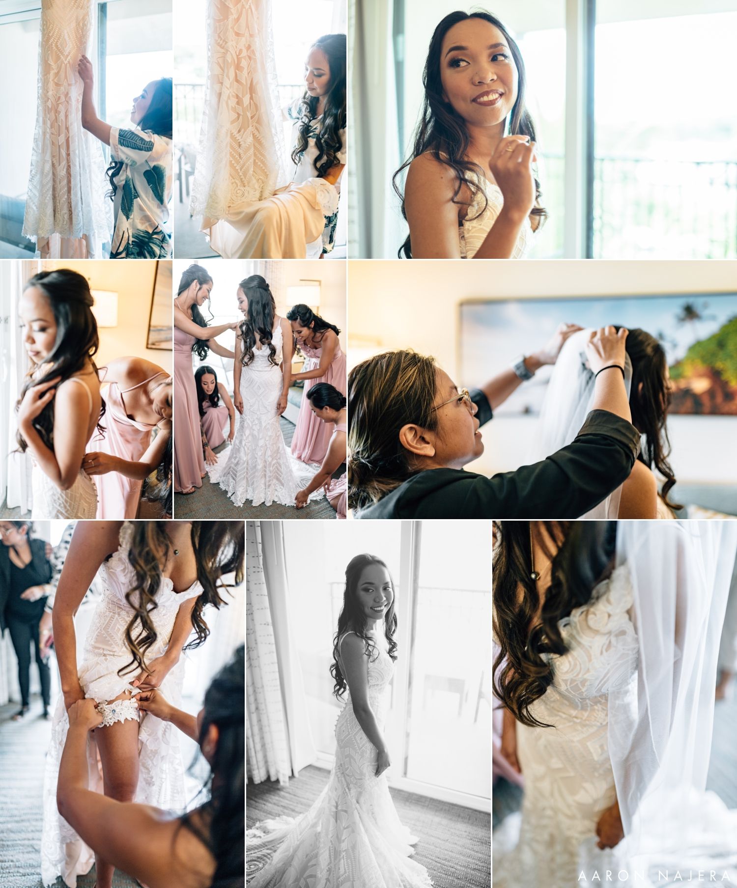 Candid moments of bridal party getting ready in a bright, sunlit room.