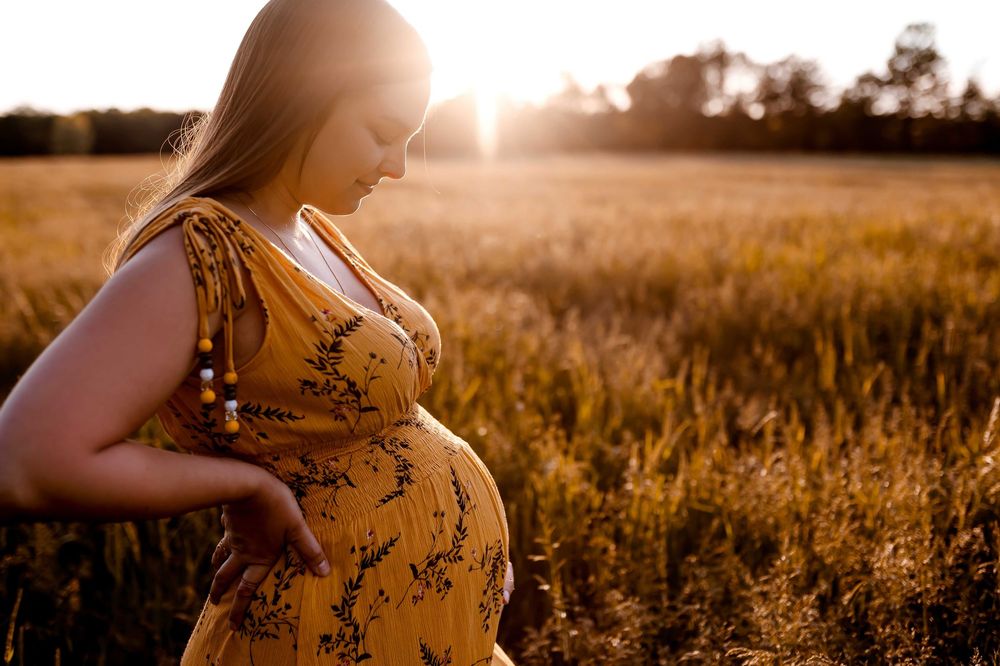 Maternity photoshoot in a golden field during sunset with dramatic lighting.