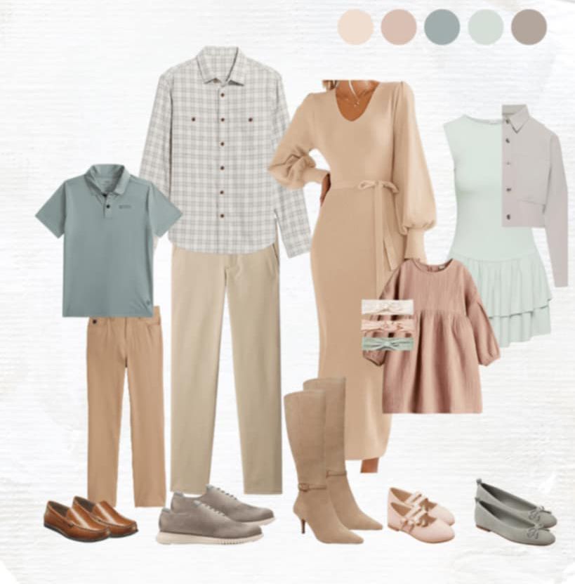 Coordinated family photo outfit ideas in soft muted tones of sage green, beige, and blush pink for spring portraits.