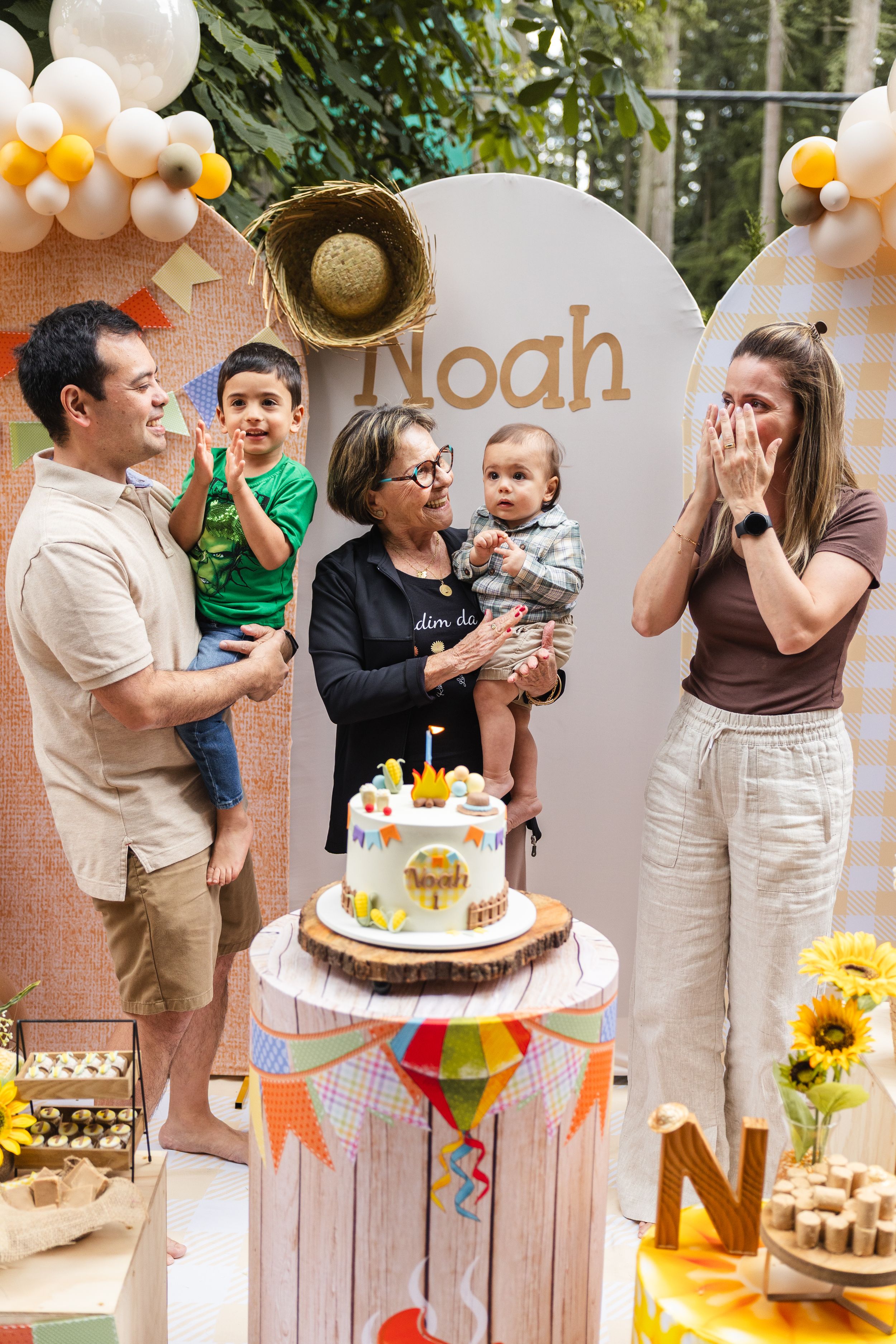 A series of party photos showing a birthday celebration with balloons, cake, and sunflower decorations.