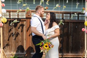 A series of wedding photos showing couples dancing and celebrating in an outdoor venue with string lights and wooden decor.