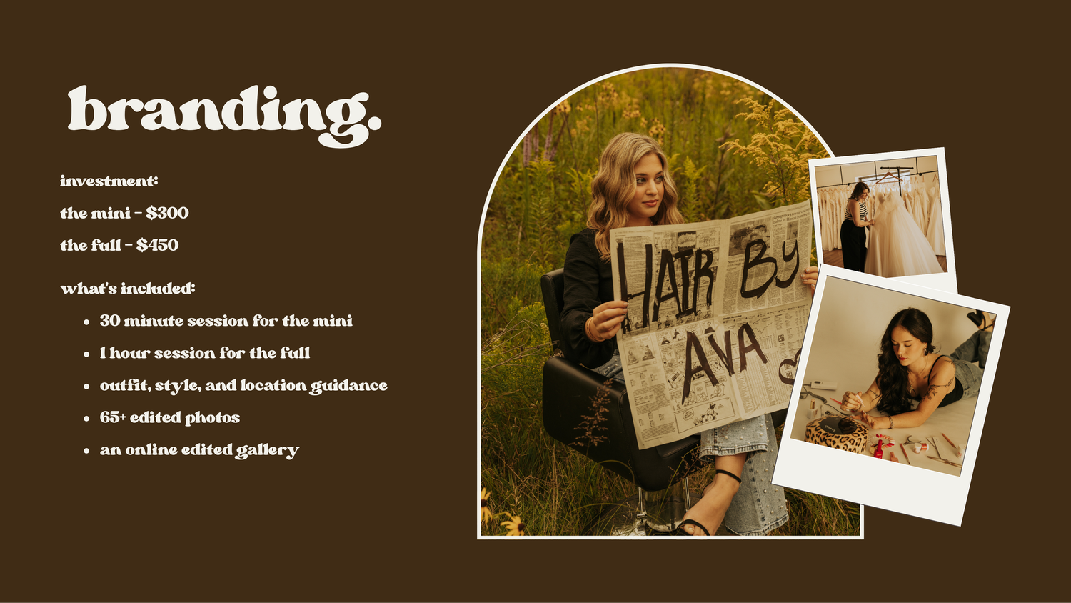 A collage of polaroid-style photos and text elements arranged against a dark background showcasing branding materials.