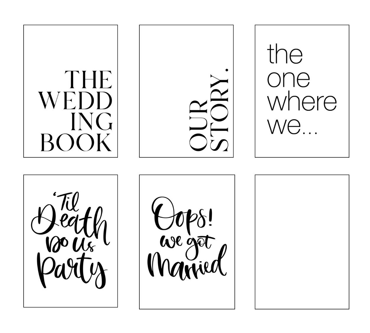 Five minimalist book covers featuring wedding-themed titles in black and white typography against plain backgrounds.