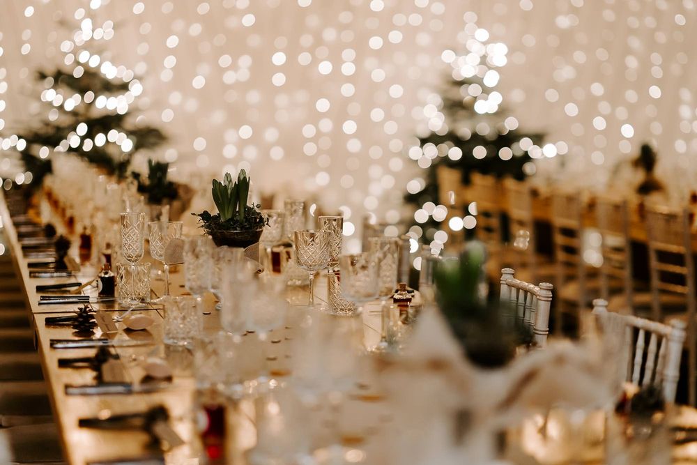 Elegant wedding reception venue with twinkling string lights and crystal chandeliers creating a romantic ambiance.