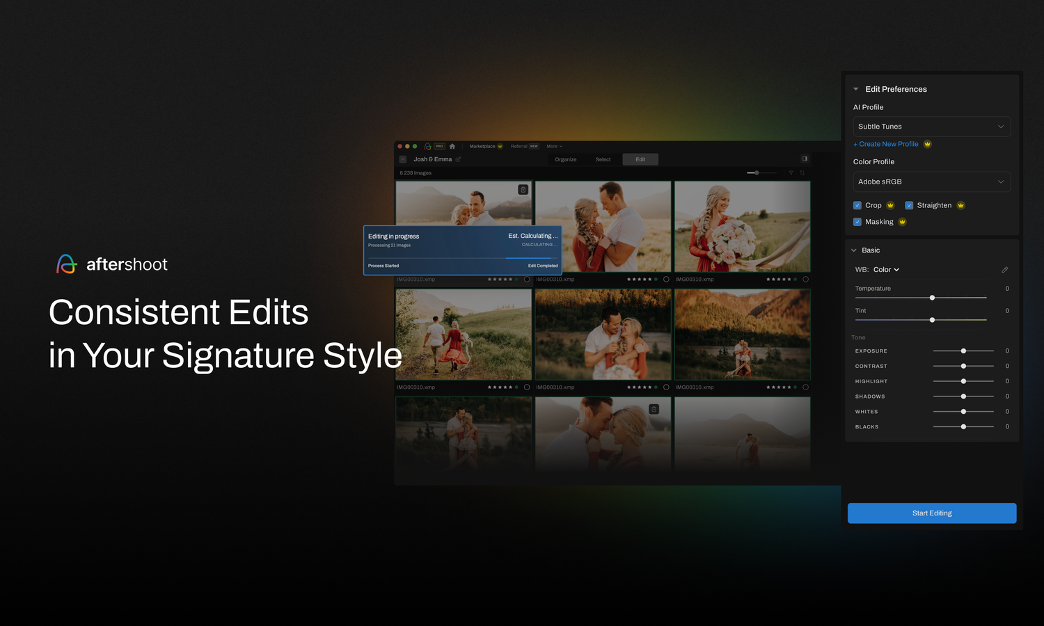 Adobe Lightroom editing interface showing photo thumbnails and adjustment panels for consistent photo editing workflow.