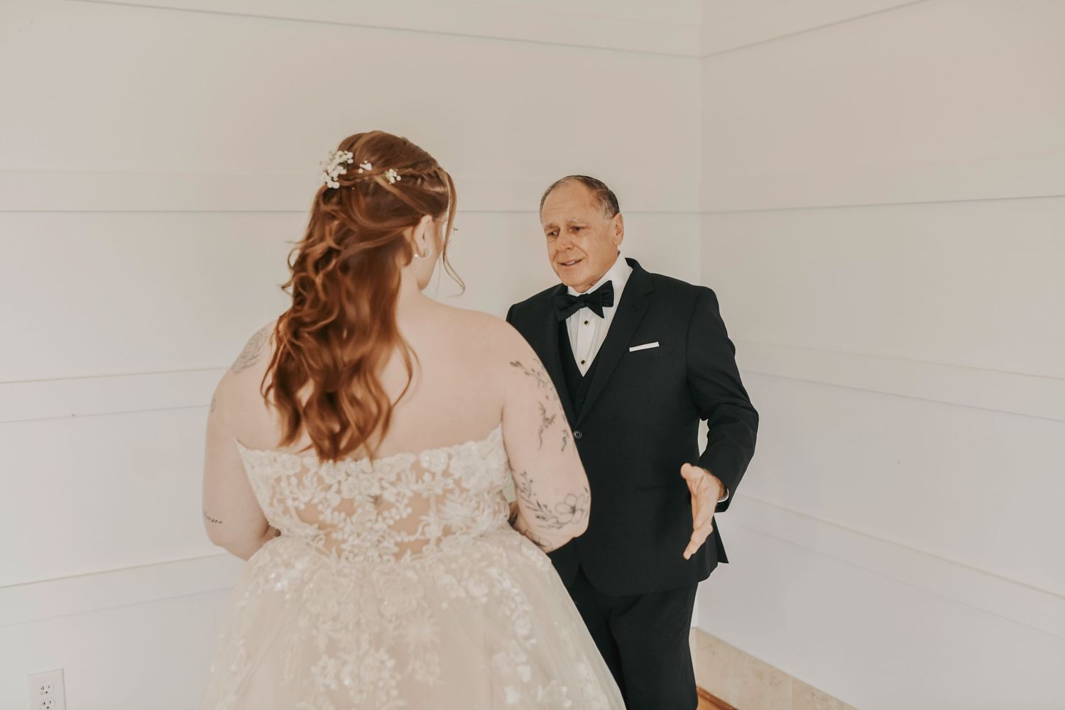 Father’s emotional reaction during a first look with his daughter on her wedding day at The Dalmore Event Venue