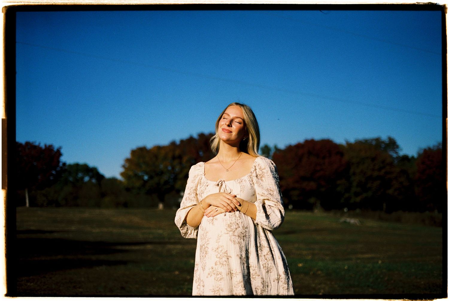 A series of outdoor portrait photographs at sunset showing a person in a white dress against a natural backdrop.
