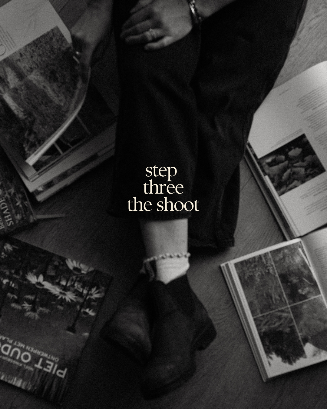 A black and white photo series showing hands arranging photographs on a dark surface with text overlays.