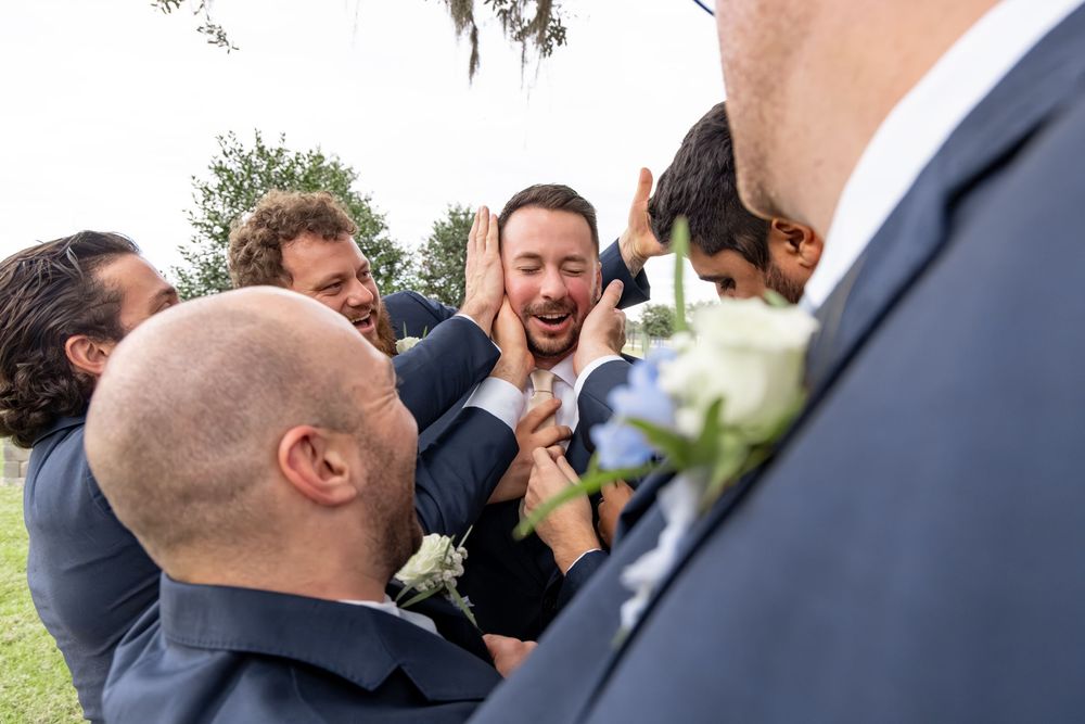 A series of candid wedding photos showing joyful moments and laughter during an outdoor celebration.