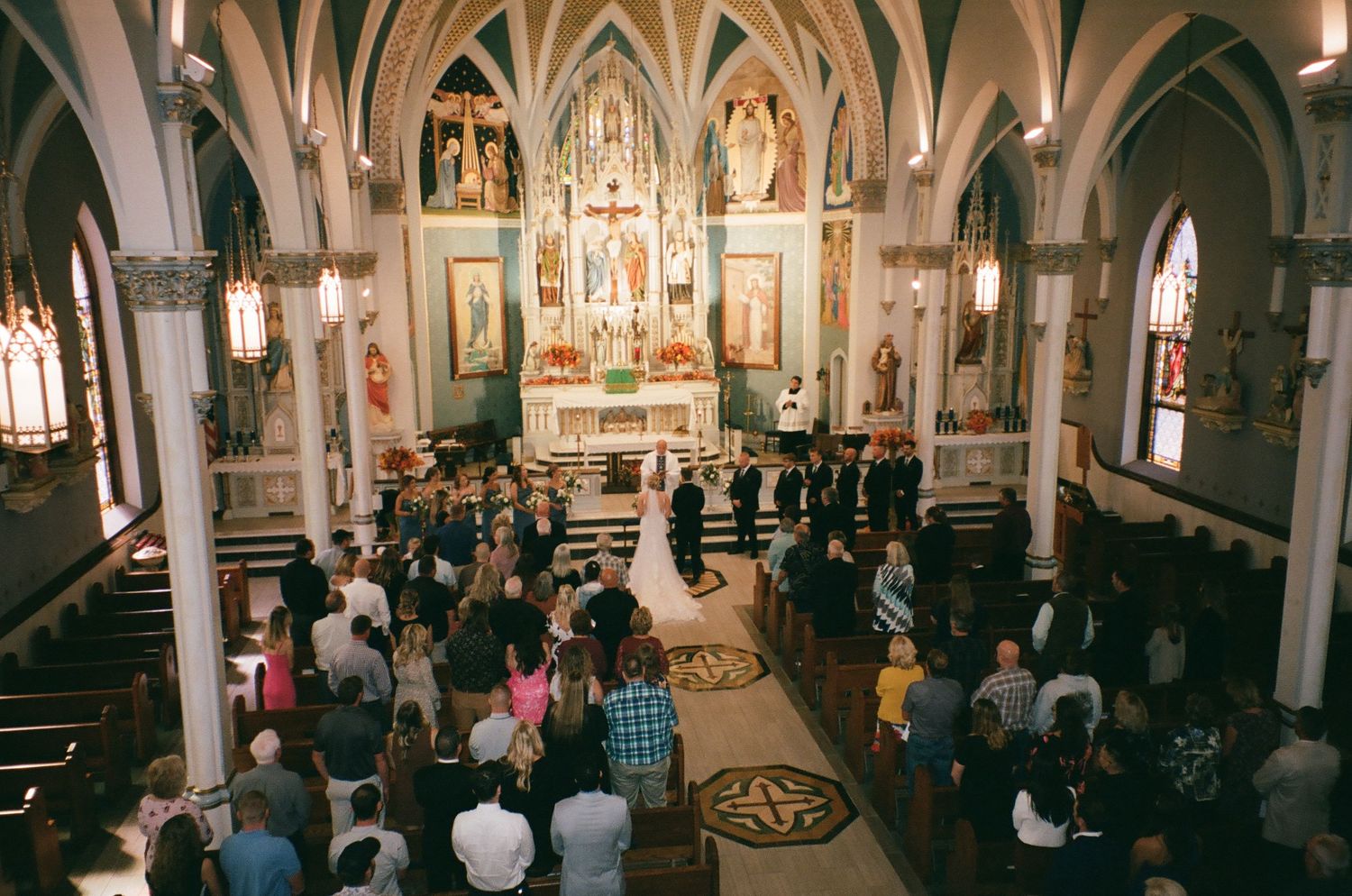 The Catholic Church congregation during a Catholic wedding in St. Louis, Missouri.