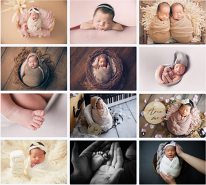 Collection of artistic newborn photography shots featuring soft neutral tones and props.