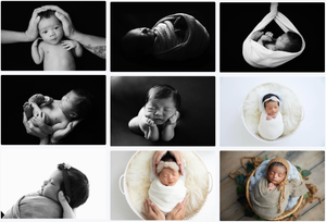 Grid of black and white newborn photography portraits in minimalist style.