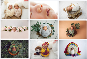 Collection of styled newborn photos with floral and natural elements.