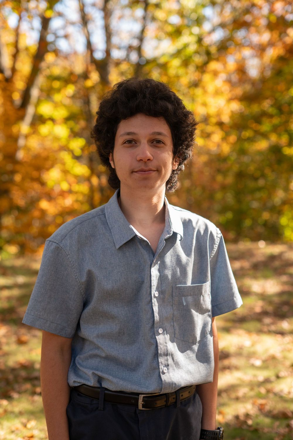 A person in a gray shirt poses outdoors against a backdrop of autumn trees with golden foliage.
