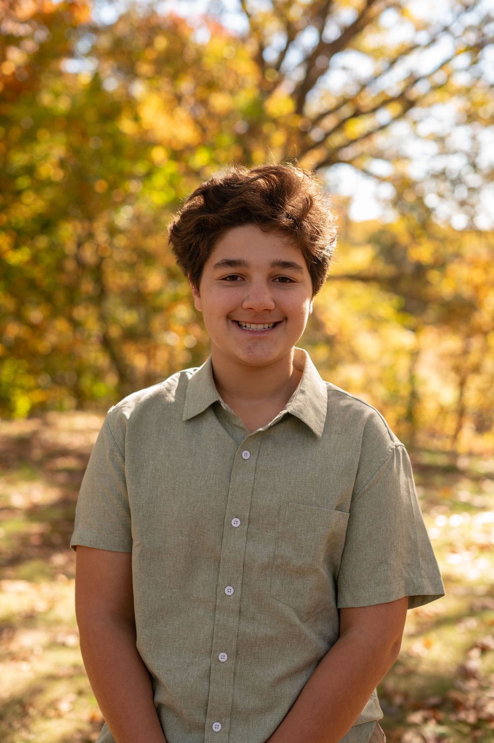 A series of outdoor portrait photos captured in a park during autumn with golden sunlight and fall foliage in the background.