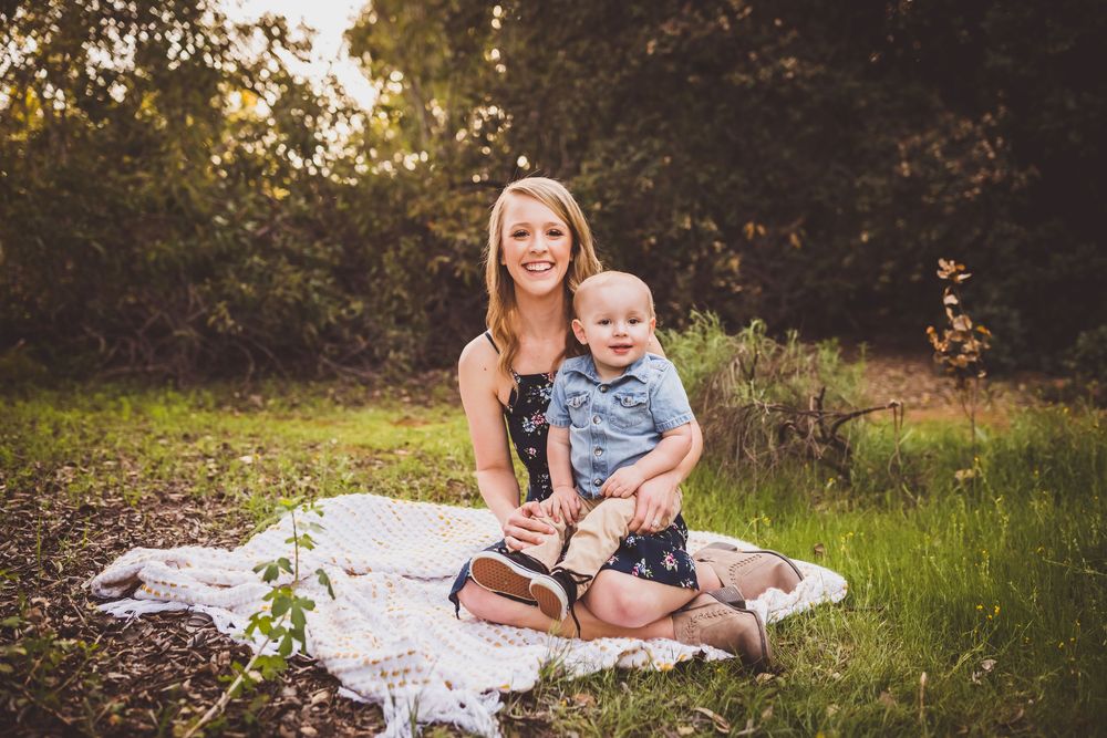 A series of outdoor family portrait photographs taken in a natural setting with warm golden lighting.
