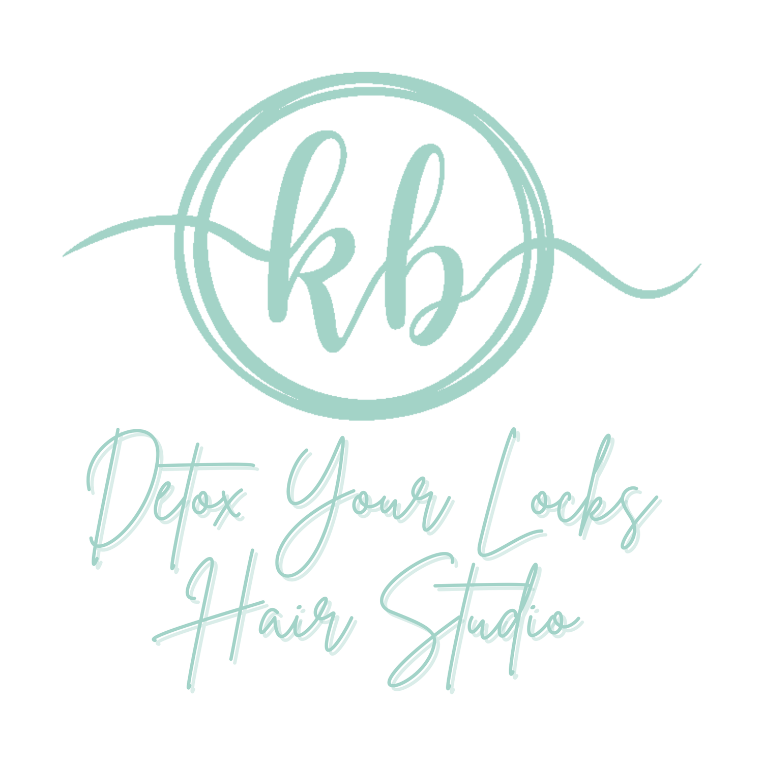 Mint green circular logo design with cursive 'kb' monogram and text 'Detox Your Locks Hair Studio' underneath.